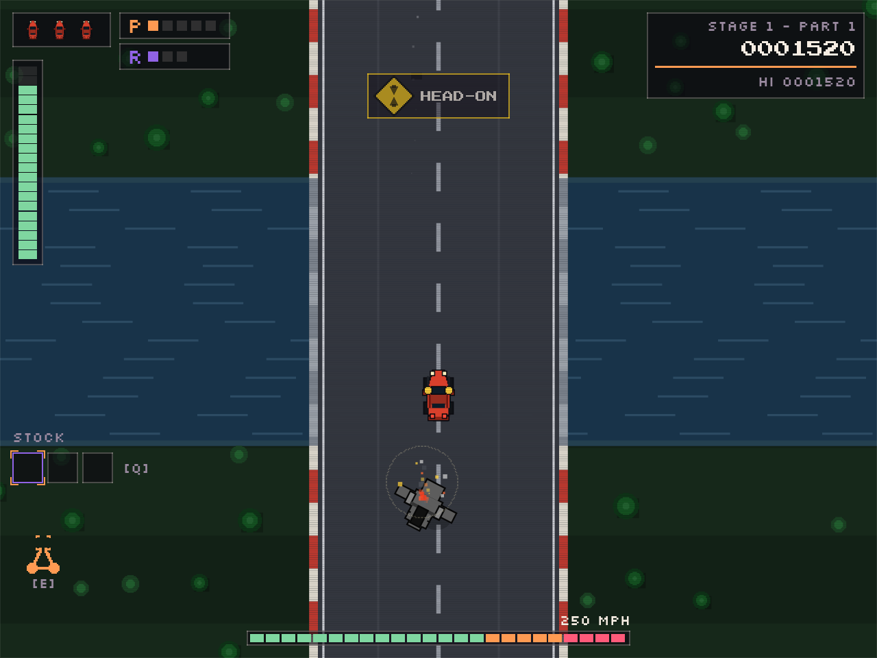 Runhunt gameplay screenshot with a HEAD-ON warning sign over a coastal stretch of road